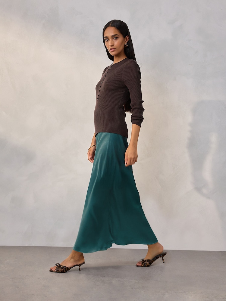 Teal Blue Satin Midi Skirt - Image 1 of 5 Teal Blue Satin Midi Skirt - Image 1 of 5