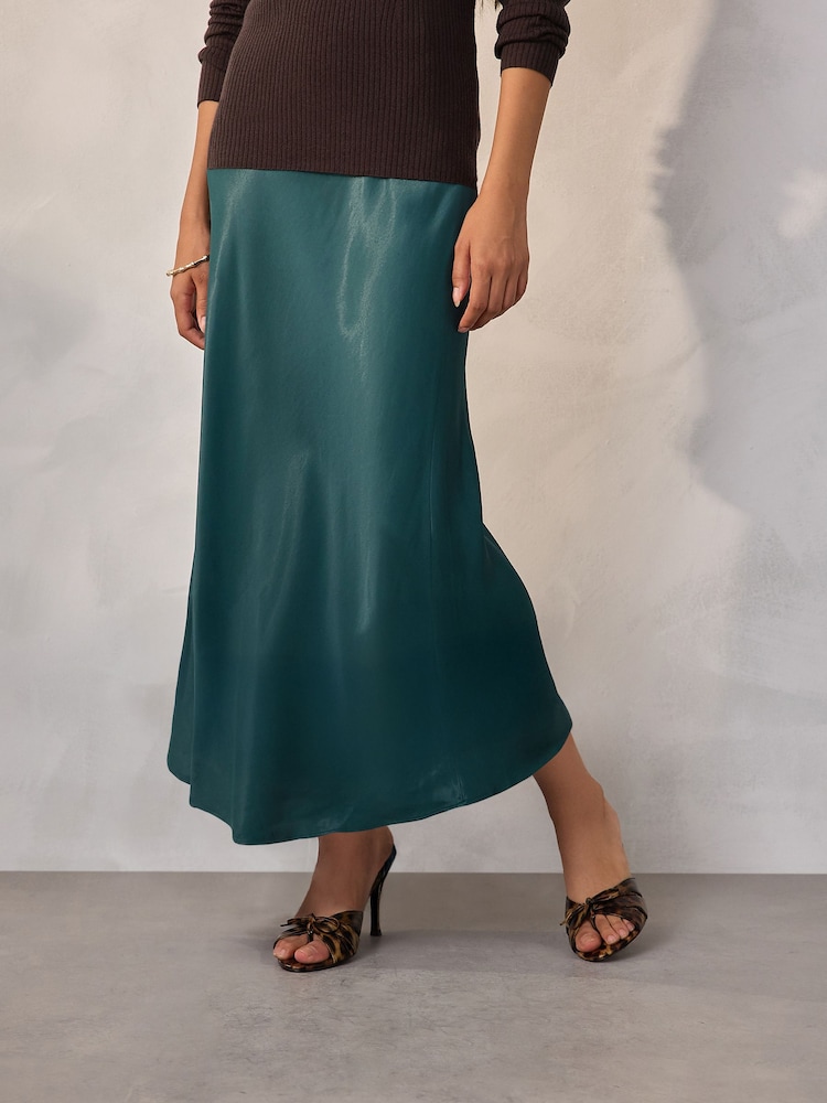 Teal Blue Satin Midi Skirt - Image 2 of 5 Teal Blue Satin Midi Skirt - Image 2 of 5