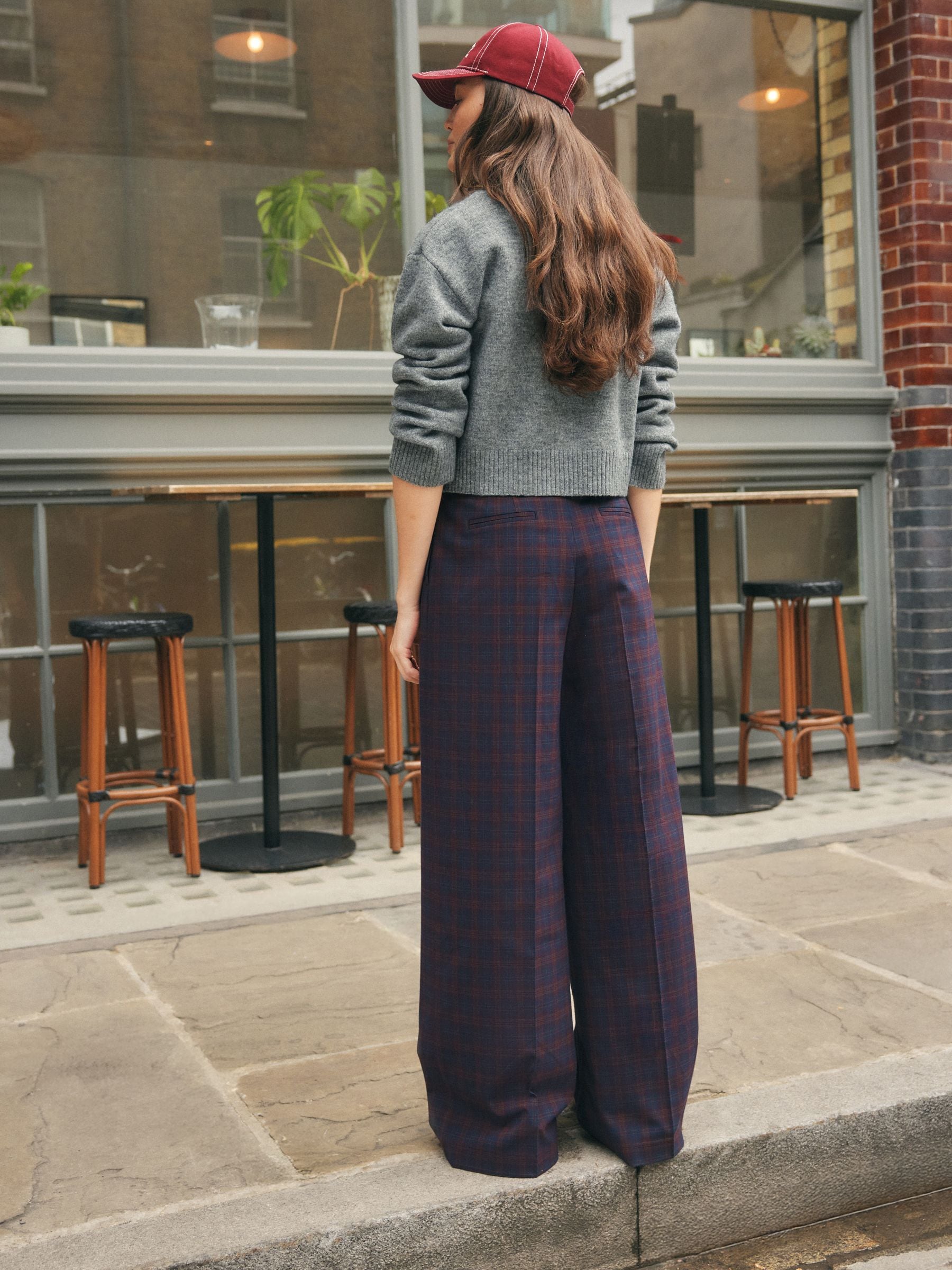 Buy Burgundy Red/Navy Blue Check Check Wide Leg Tailored Trousers