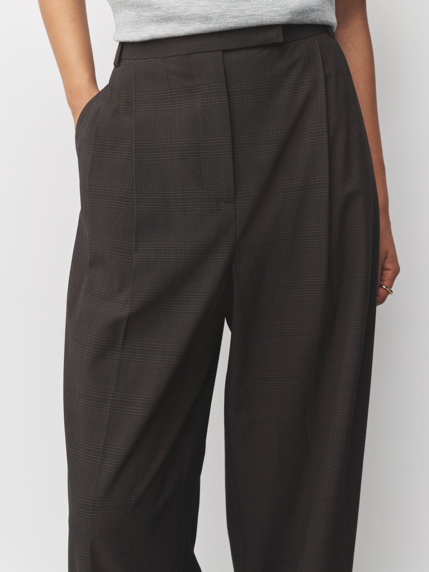 Buy Chocolate Brown Check Double Pleat Straight Leg Trousers from