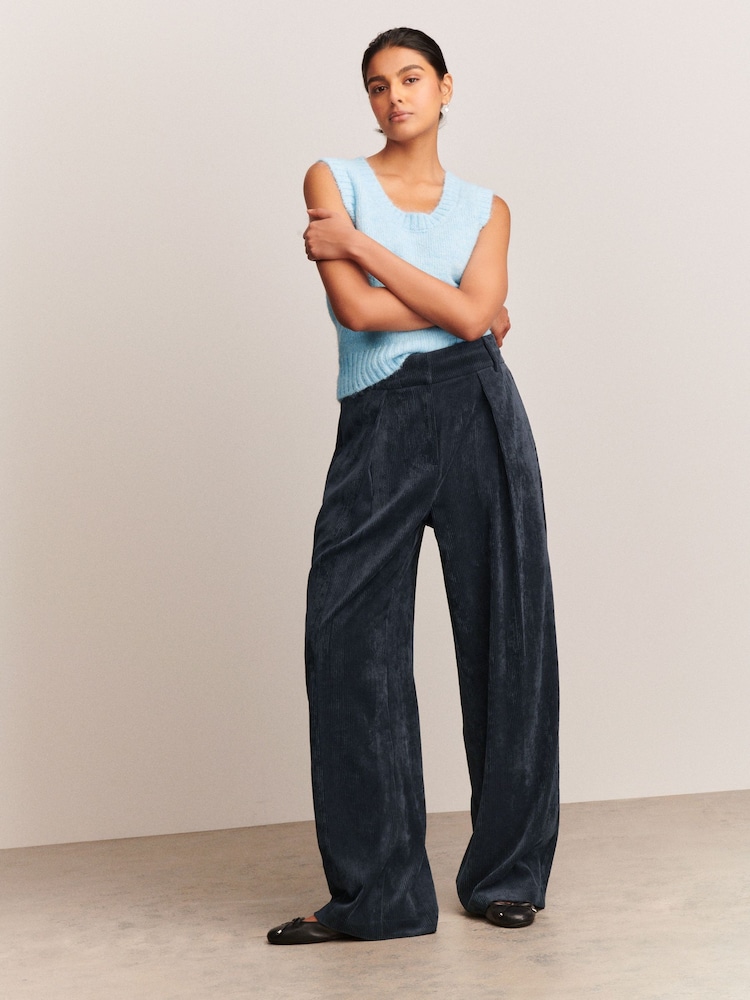 Navy Corduroy Wide Leg Trousers - Image 1 of 8
