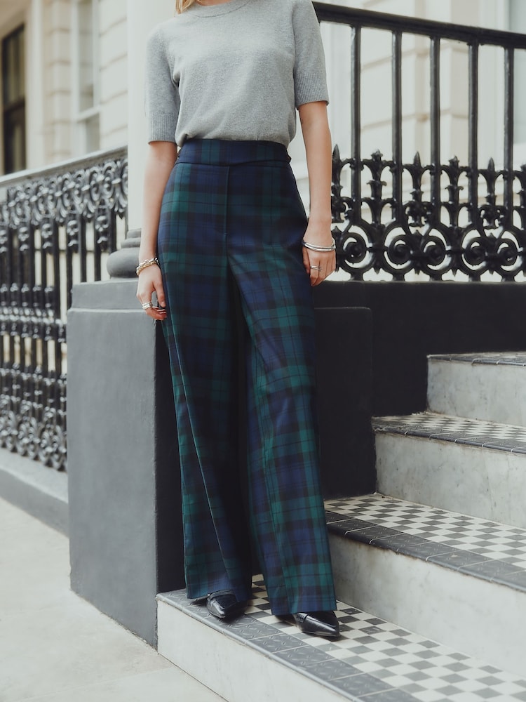 Green/Navy Tartan Wide Leg Trousers - Image 2 of 7 Green/Navy Tartan Wide Leg Trousers - Image 2 of 7