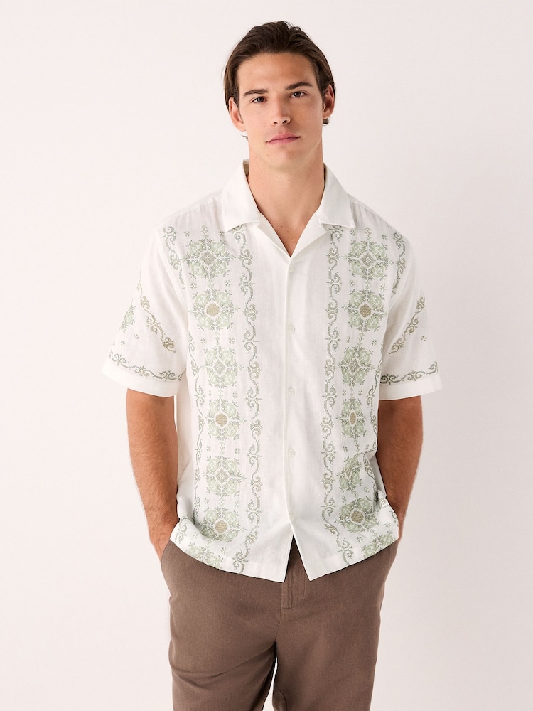 Ecru Cross Stitch Embroidered Short Sleeve Shirt - Image 1 of 8