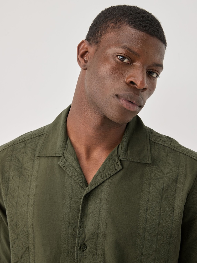 Khaki Green Navajo Style Printed Short Sleeve 100% Cotton Shirt - Image 1 of 6 Khaki Green Navajo Style Printed Short Sleeve 100% Cotton Shirt - Image 1 of 6