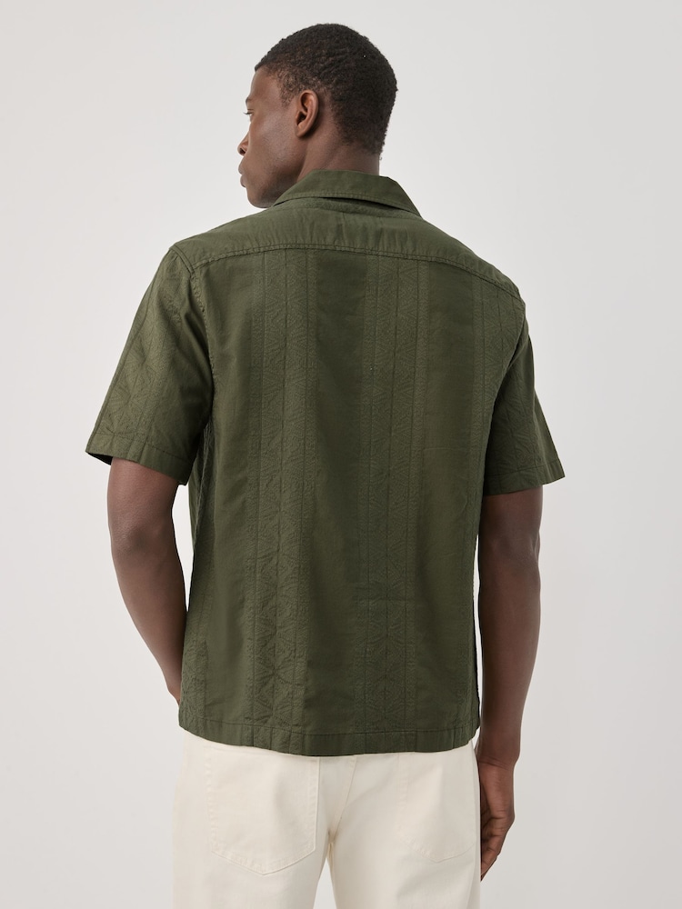 Khaki Green Navajo Style Printed Short Sleeve 100% Cotton Shirt - Image 2 of 6 Khaki Green Navajo Style Printed Short Sleeve 100% Cotton Shirt - Image 2 of 6