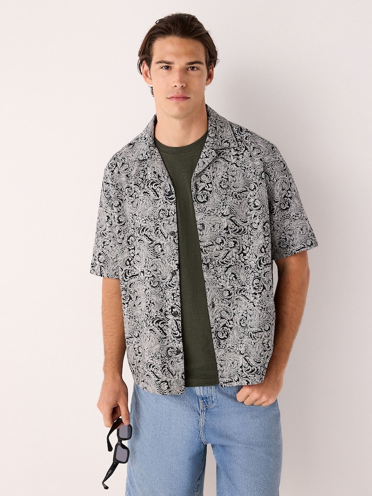 Black/White Paisley Jacquard Printed Short Sleeve Shirt - Image 1 of 7