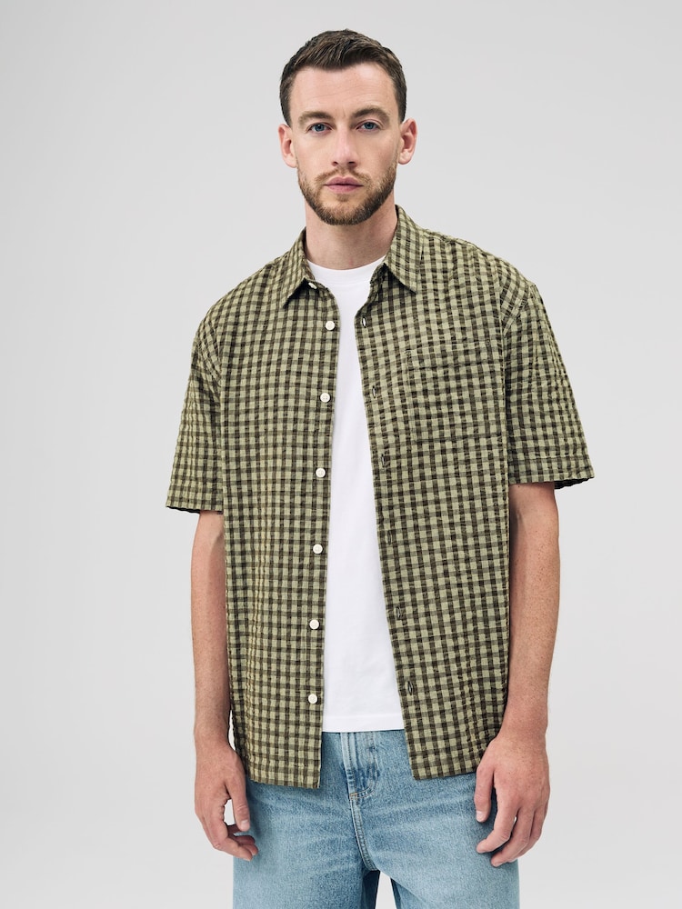 Green Textured Micro Check Short Sleeve Shirt - Image 1 of 7 Green Textured Micro Check Short Sleeve Shirt - Image 1 of 7