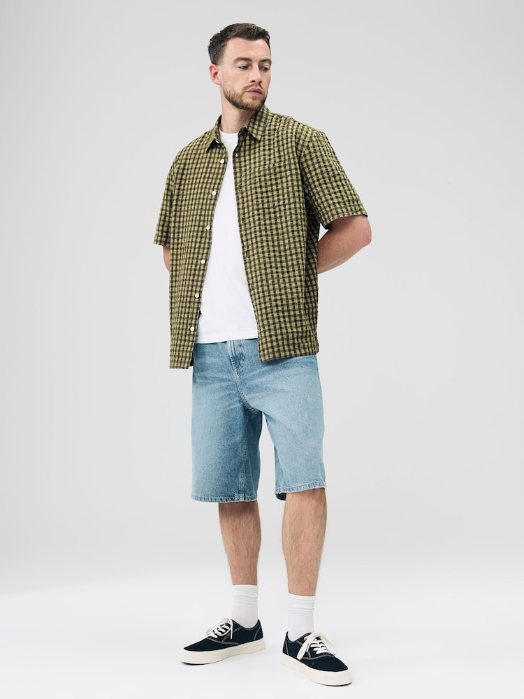 Green Textured Micro Check Short Sleeve Shirt - Image 2 of 7 Green Textured Micro Check Short Sleeve Shirt - Image 2 of 7