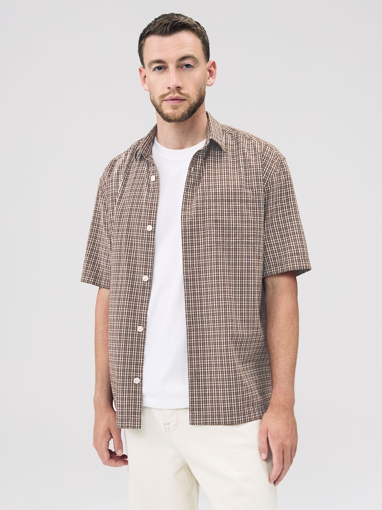 Braun - 100% Cotton Short Sleeve Micro Check Shirt - Bild 1 von 7