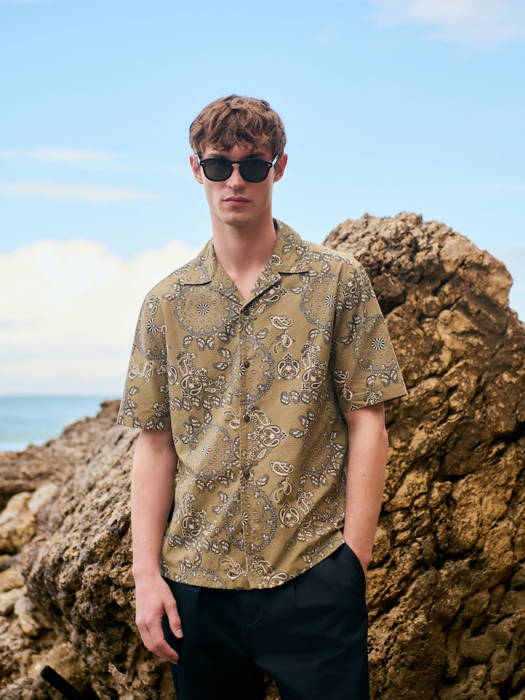 Khaki Green 100% Cotton Printed Short Sleeve Shirt - Image 1 of 7