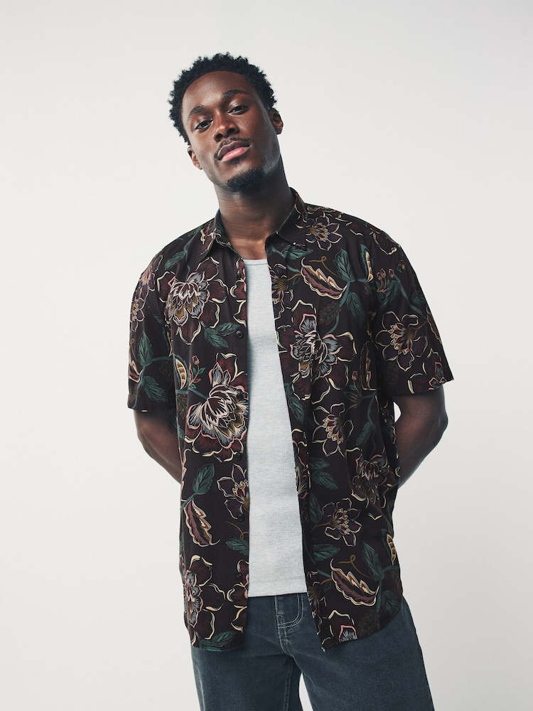 Black Floral Printed Short Sleeve Shirt - Image 1 of 8 Black Floral Printed Short Sleeve Shirt - Image 1 of 8