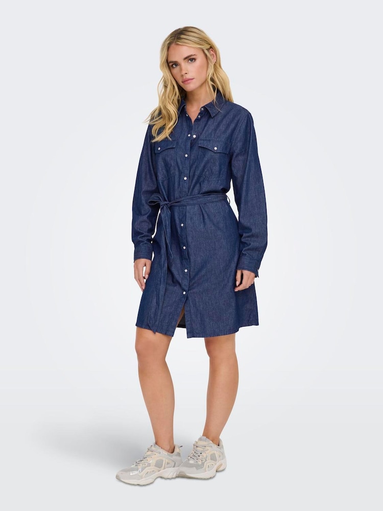 JDY Blue Tie Waist Denim Shirt Dress - Image 1 of 6