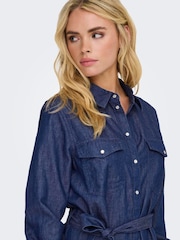 JDY Blue Tie Waist Denim Shirt Dress - Image 2 of 6