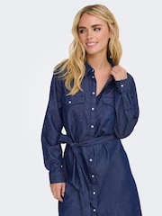 JDY Blue Tie Waist Denim Shirt Dress - Image 3 of 6
