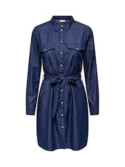 JDY Blue Tie Waist Denim Shirt Dress - Image 5 of 6