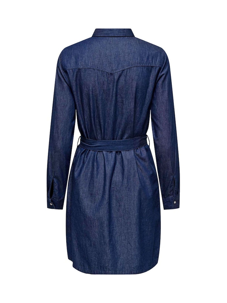 JDY Blue Tie Waist Denim Shirt Dress - Image 6 of 6