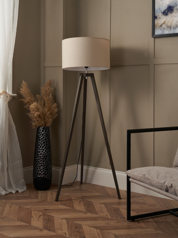 BHS Dark Walnut Wooden Tripod Floor Lamp - Image 2 of 7