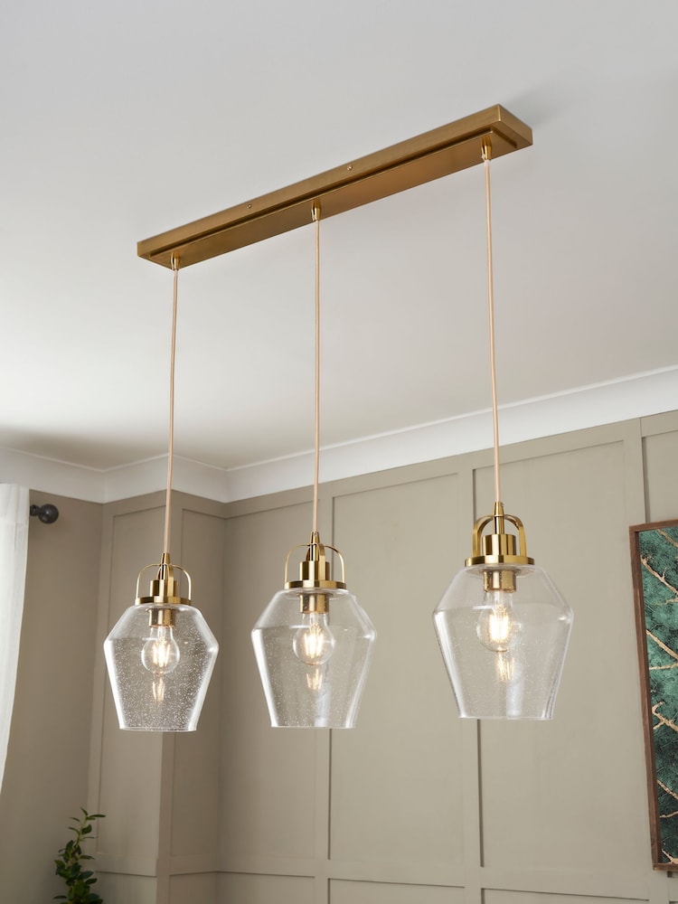 BHS Brass Bubble Glass Ceiling 3 Light Linear Pendant Bar Light - Image 1 of 6
