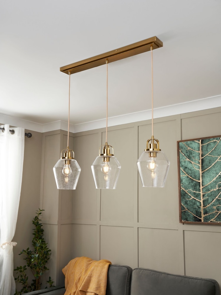 BHS Brass Bubble Glass Ceiling 3 Light Linear Pendant Bar Light - Image 2 of 6