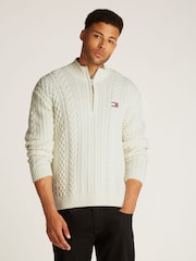 Tommy Jeans White White 100% Cotton Regular Cable Zip Up Jumper - Image 1 of 7