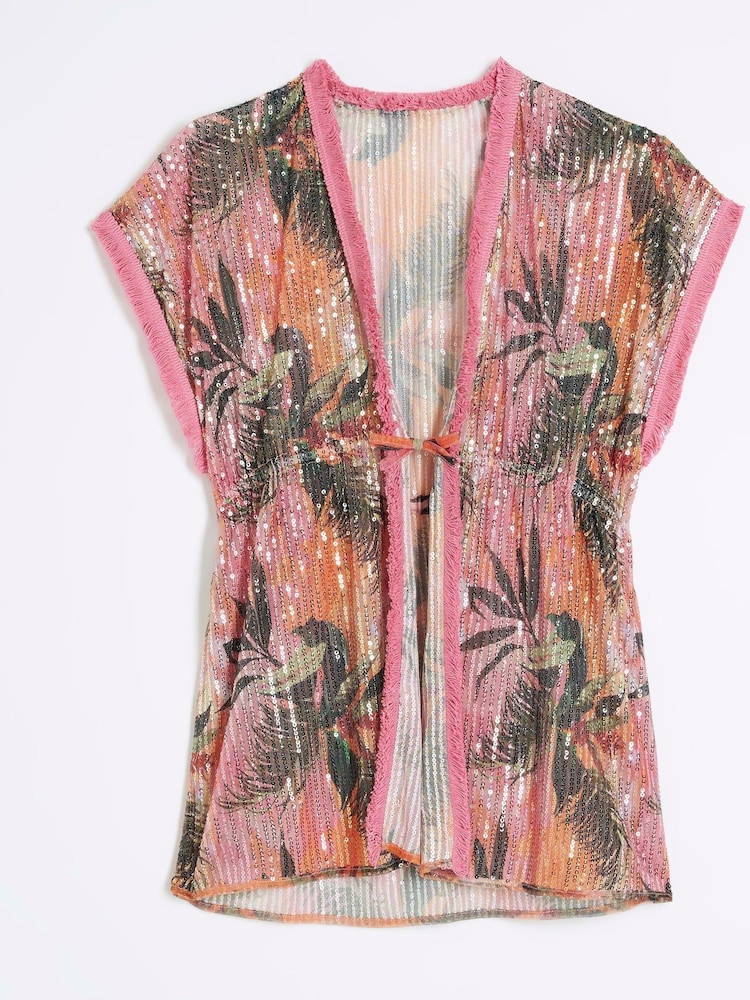River Island Pink Girls Orchid Embellished Kaftan - Image 1 of 4 River Island Pink Girls Orchid Embellished Kaftan - Image 1 of 4