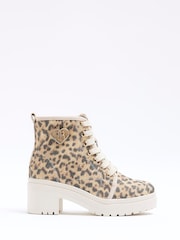 River Island Brown Girls Leopard Canvas Heeled Boots - Image 1 of 4