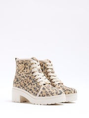River Island Brown Girls Leopard Canvas Heeled Boots - Image 2 of 4