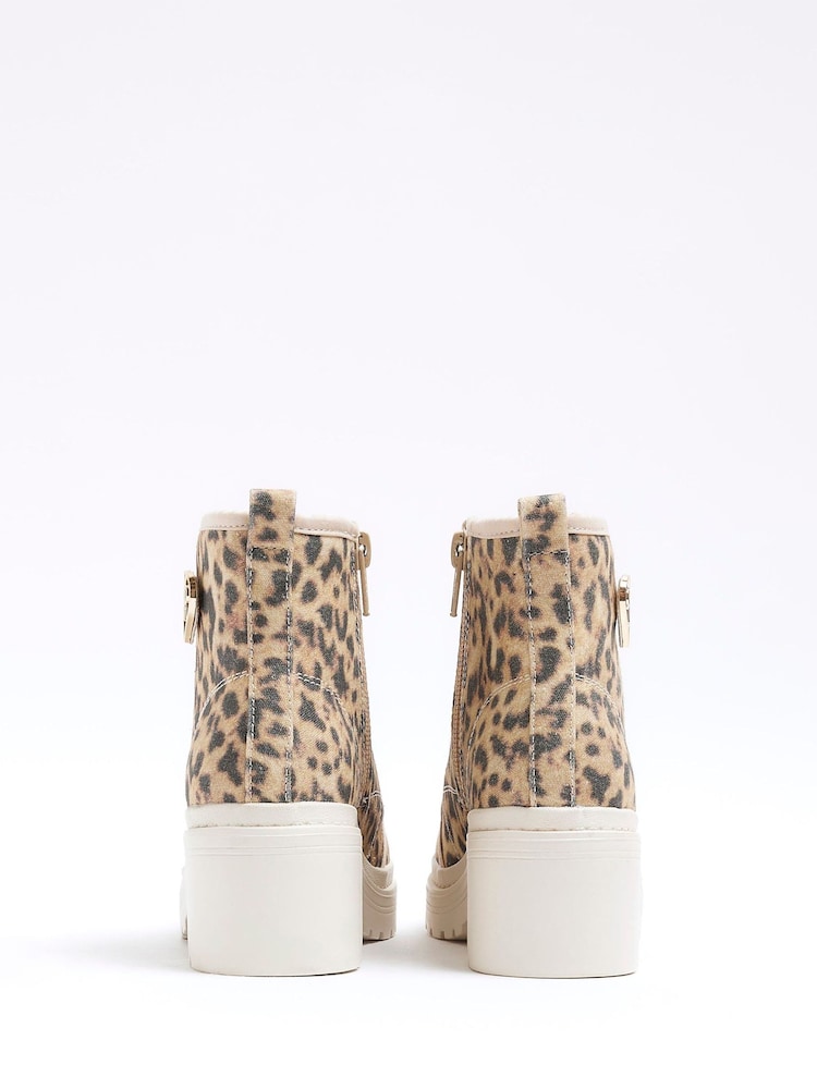 Buy River Island Brown Leopard Canvas Heeled Boots from Next Oman