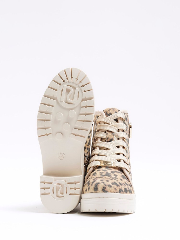 River Island Brown Girls Leopard Canvas Heeled Boots - Image 4 of 4