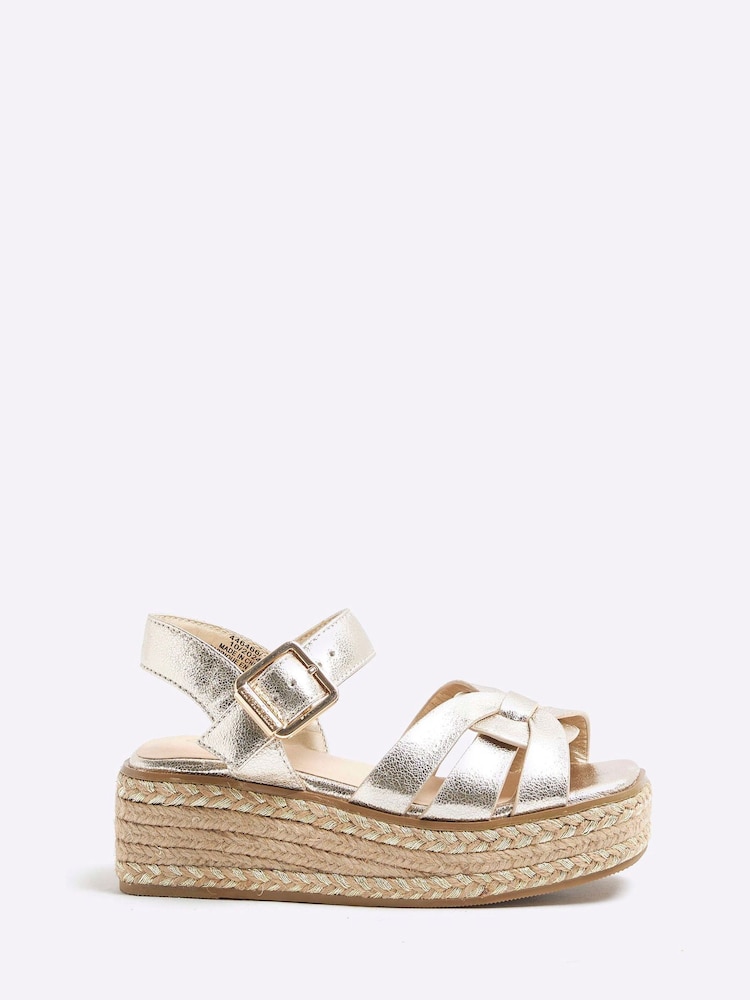 River Island Gold Girls Faux Leather Weave Wedge Sandals - Image 1 of 5