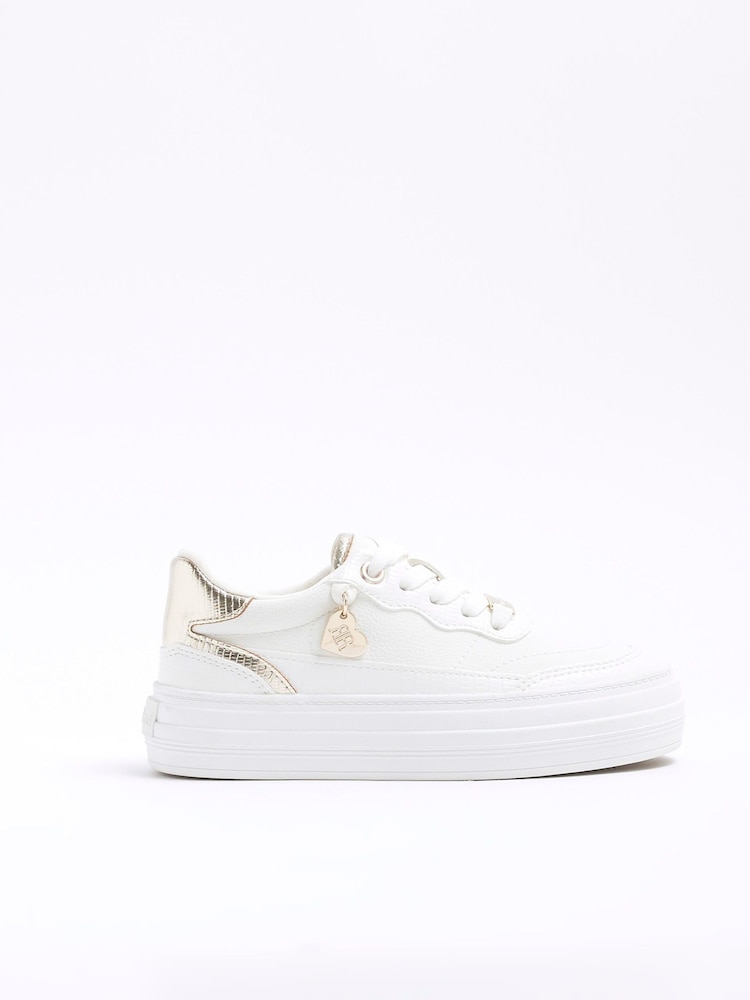 River Island White Girls Faux Leather Triple Plim Trainers - Image 1 of 5 River Island White Girls Faux Leather Triple Plim Trainers - Image 1 of 5