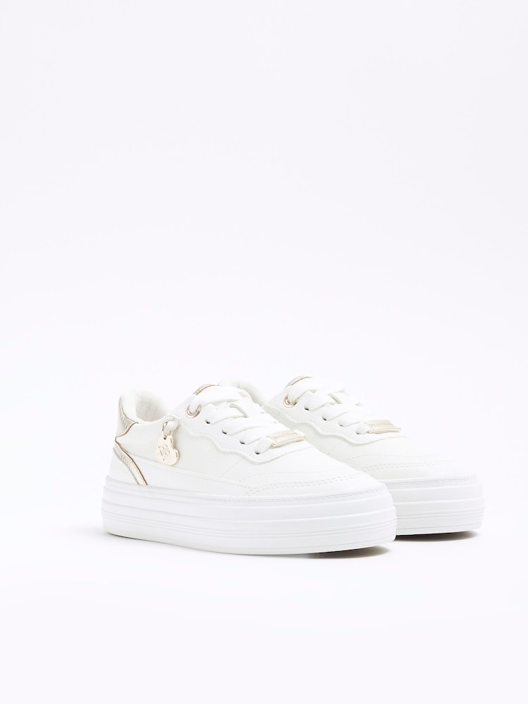 River Island White Girls Faux Leather Triple Plim Trainers - Image 2 of 5 River Island White Girls Faux Leather Triple Plim Trainers - Image 2 of 5
