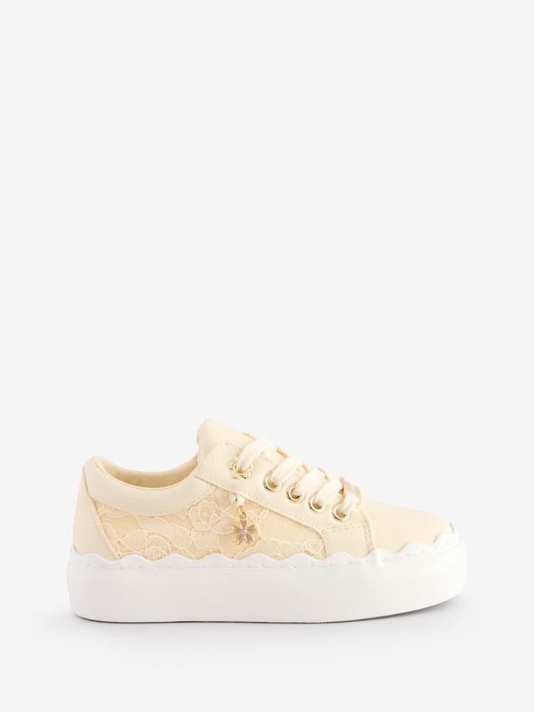 River Island Cream Girls Scallop Lace Plim Trainers - Image 1 of 5
