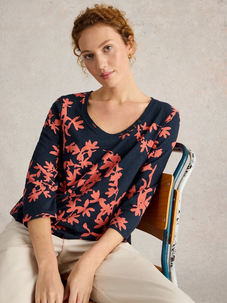 White Stuff Blue Nadia 3/4 Sleeve 100% Cotton T-Shirt - Image 1 of 6 White Stuff Blue Nadia 3/4 Sleeve 100% Cotton T-Shirt - Image 1 of 6