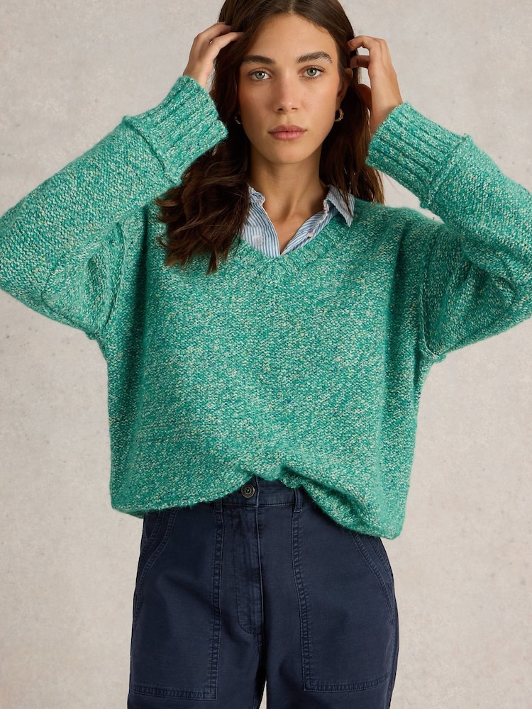 White Stuff Green Tammy Textured V-Neck Jumper - Image 4 of 6