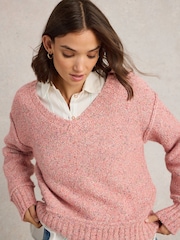 White Stuff Pink Tammy Textured V-Neck Jumper - Image 1 of 6