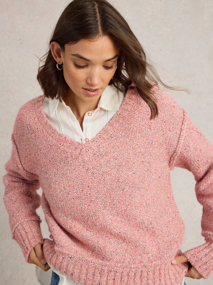 White Stuff Pink Tammy Textured V-Neck Jumper - Image 1 of 6