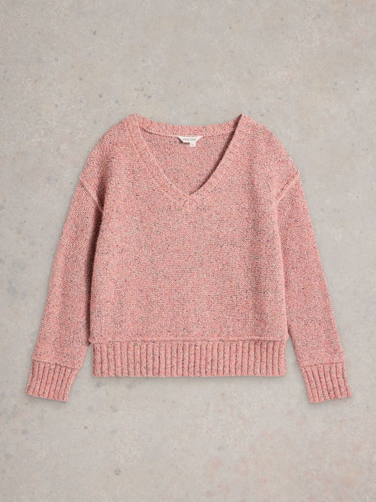 White Stuff Pink Tammy Textured V-Neck Jumper - Image 5 of 6