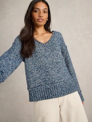 White Stuff Blue Tammy Textured V-Neck Jumper - Image 1 of 6