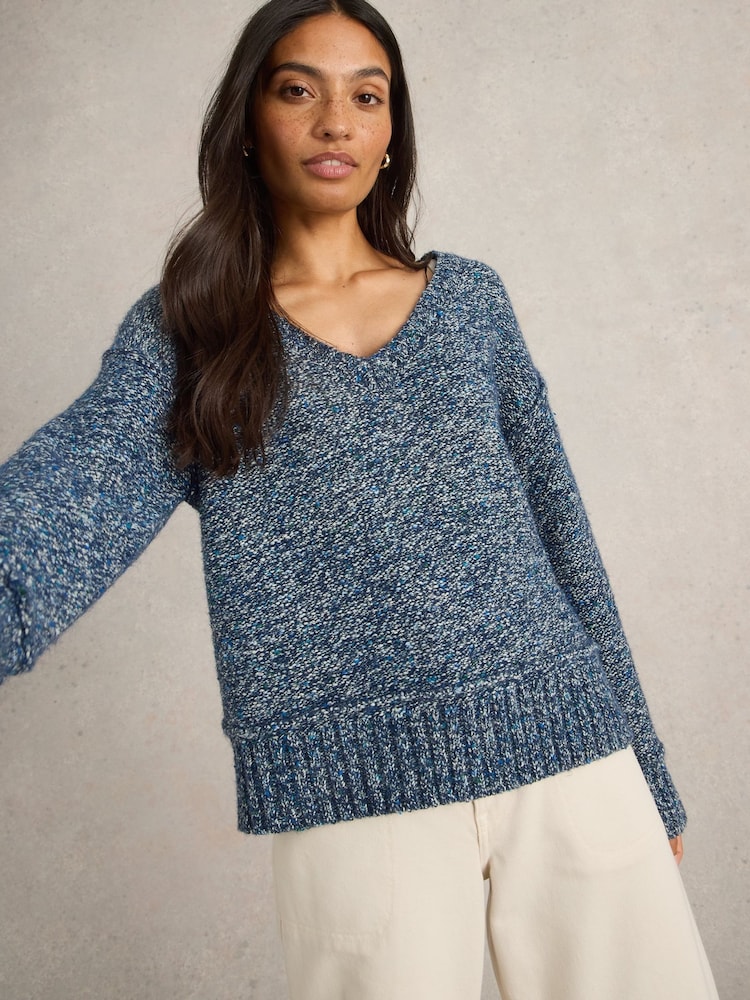 White Stuff Blue Tammy Textured V-Neck Jumper - Image 1 of 6