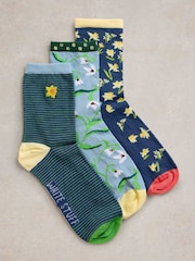 White Stuff Blue Spring Floral Ankle Socks 3 Pack - Image 1 of 2