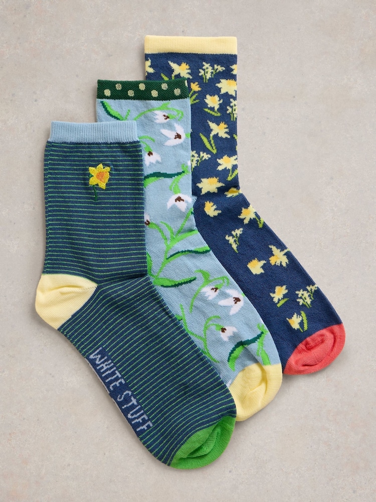 White Stuff Blue Spring Floral Ankle Socks 3 Pack - Image 1 of 2 White Stuff Blue Spring Floral Ankle Socks 3 Pack - Image 1 of 2