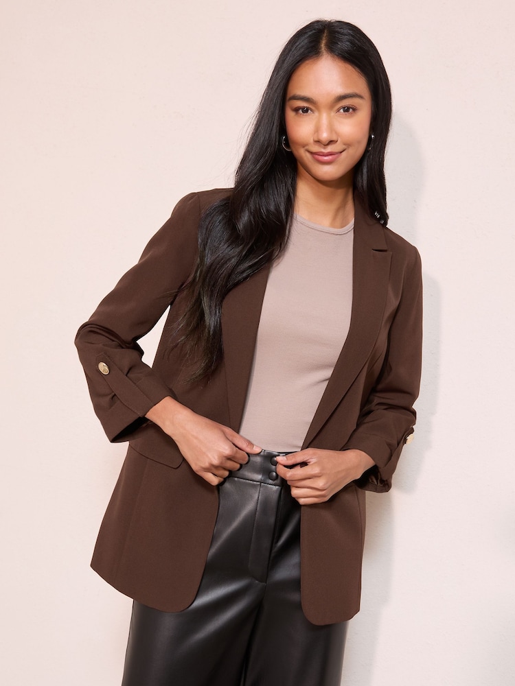 Friends Like These Brown Edge to Edge Tailored Sleeve Detail Blazer - Image 1 of 4 Friends Like These Brown Edge to Edge Tailored Sleeve Detail Blazer - Image 1 of 4