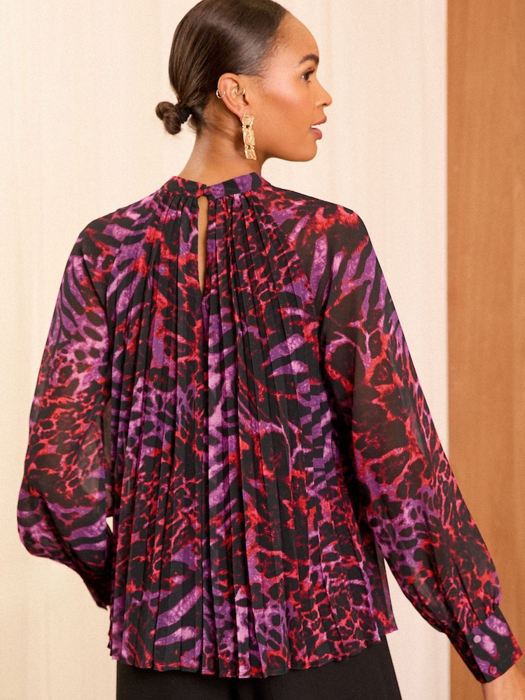 Love & Roses Pink High Neck Pleated Long Sleeve Blouse - Image 2 of 4