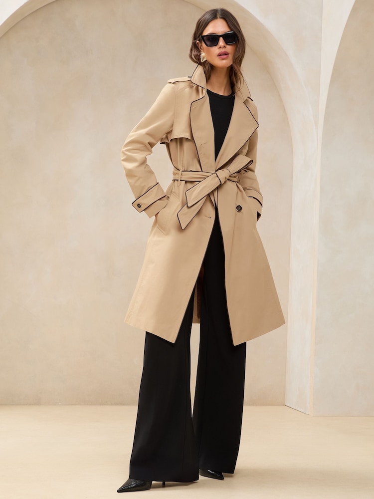 Lipsy Brown Petite Belted Contrast Piping Trench Coat - Image 1 of 5