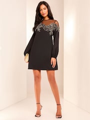 Lipsy Black Petite Long Sleeve Hand Embellished Artwork Mini Shift Dress - Image 1 of 4
