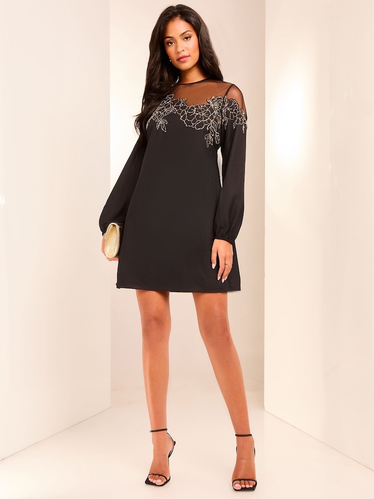 Lipsy Black Petite Long Sleeve Hand Embellished Artwork Mini Shift Dress - Image 1 of 4