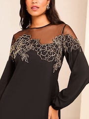 Lipsy Black Petite Long Sleeve Hand Embellished Artwork Mini Shift Dress - Image 2 of 4