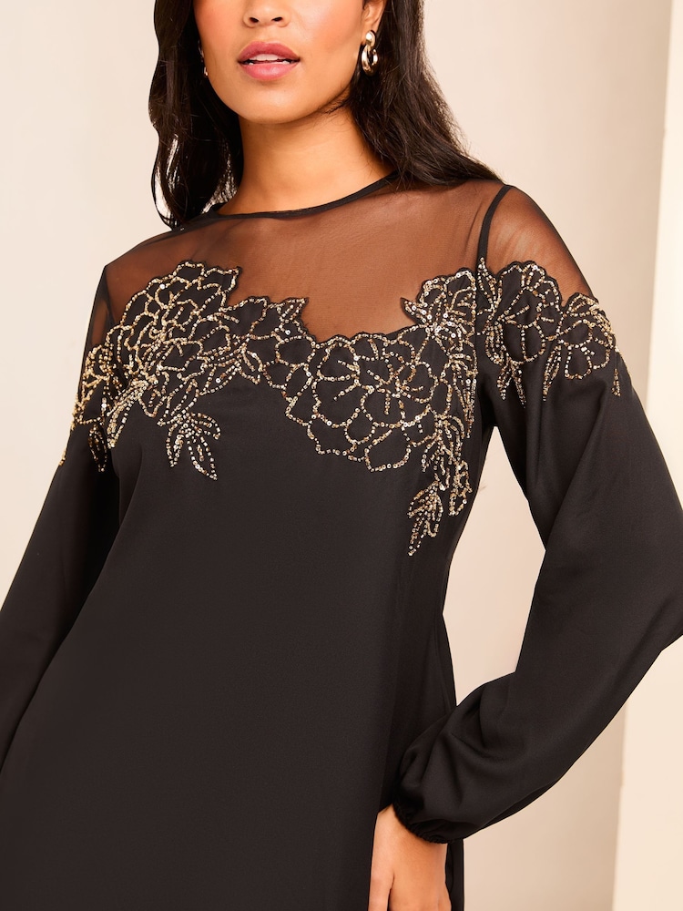 Lipsy Black Petite Long Sleeve Hand Embellished Artwork Mini Shift Dress - Image 2 of 4