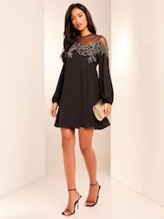 Lipsy Black Petite Long Sleeve Hand Embellished Artwork Mini Shift Dress - Image 4 of 4